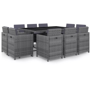 Diverse Hardware, 11-tlg. Garten-Essgruppe mit Auflagen Poly Rattan Grau