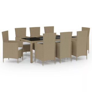 vidaXL, vidaXL 9-tlg. Garten-Essgruppe mit Kissen Poly Rattan Beige, vidaXL 9-tlg. Garten-Essgruppe mit Kissen Poly Rattan Beige