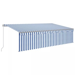 vidaXL, vidaXL Gelenkarmmarkise Einziehbar mit Volant & LED 5x3 m Blau & Weiß, vidaXL Markise Manuell Einziehbar mit Rollo & LED 5x3 m Blau & Weiß