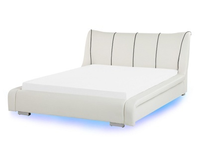 Beliani, Beliani Lederbett weiss Lattenrost 140 x 200 cm mit LED-Beleuchtung bunt NANTES, Beliani - Bett mit LED aus Echtleder Glamourös NANTES, 140x200 cm, Schneeweiss