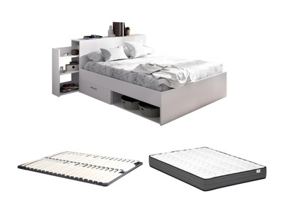 Vente-unique, Bett mit Kopfteil, Stauraum & Schubladen + Lattenrost + Matratze - 140 x 190 cm - Weiß - FLORIAN Bett mit Kopfteil, Stauraum & Schubladen + Lattenrost + Matratze - 140 x 190 cm - Weiß - FLORIAN, 