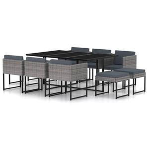 vidaXL, vidaXL 11-tlg. Garten-Essgruppe mit Kissen Poly Rattan Grau