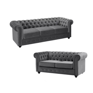 Vente-unique, Sofa 3-Sitzer & 2-Sitzer - Samt - Anthrazit - CHESTERFIELD Sofa 3-Sitzer & 2-Sitzer - Samt - Anthrazit - CHESTERFIELD