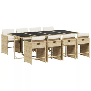 vidaXL, vidaXL 9-tlg. Garten-Essgruppe mit Kissen Beige Poly Rattan, vidaXL 9-tlg. Garten-Essgruppe mit Kissen Beige Poly Rattan