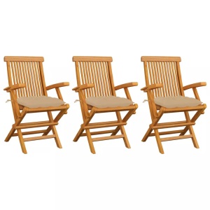 vidaXL, vidaXL Gartenstühle mit Beigen Kissen 3 Stk. Massivholz Teak, vidaXL Gartenstühle mit Beigen Kissen 3 Stk. Massivholz Teak
