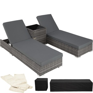 TecTake, 2 Aluminium Polyrattan Sonnenliegen + Tisch mit Schutzhülle 2 Aluminium Polyrattan Sonnenliegen + Tisch mit Schutzhülle, Tectake - 2 Aluminium Polyrattan Sonnenliegen + Tisch mit Schutzhülle, One Size, Grau