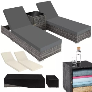 TecTake, 2 Aluminium Polyrattan Sonnenliegen + Tisch mit Schutzhülle 2 Aluminium Polyrattan Sonnenliegen + Tisch mit Schutzhülle, Tectake - 2 Aluminium Polyrattan Sonnenliegen + Tisch mit Schutzhülle, One Size, Grau