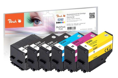 Peach, Peach Spar Pack Plus Tintenpatronen kompatibel zu Epson No. 202, Peach E202 6 Druckerpatronen (2*bk, bkph, c/m/y) ersetzt Epson No. 202, T02E1*2, T02F1, T02F2, T02F3, T02F4 für z.B. Epson Expression Premium XP -6000