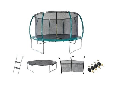 Vente-unique, Gartentrampolin mit Sicherheitsnetz + Leiter + Abdeckplane + Verankerungsset 4WALLABY Grün, 