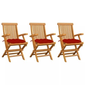 vidaXL, vidaXL Gartenstühle mit Roten Kissen 3 Stk. Massivholz Teak, vidaXL Gartenstühle mit Roten Kissen 3 Stk. Massivholz Teak