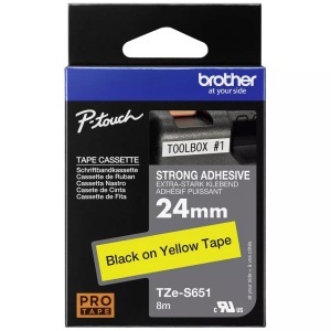 Brother, Schriftband Extra stark klebend Brother TZe TZe-S651 Bandfarbe: Gelb Schriftfarbe:Schwarz 24 mm 8 m, Brother P-Touch, schwarz auf gelb, 24mm, laminiert, stark klebend, TZe-S651, (TZS651)