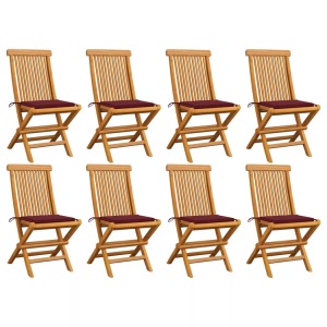 vidaXL, vidaXL Gartenstühle mit Weinroten Kissen 8 Stk. Massivholz Teak, vidaXL Gartenstühle mit Weinroten Kissen 8 Stk. Massivholz Teak