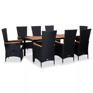 vidaXL, vidaXL 9-tlg. Garten-Essgruppe mit Auflagen Poly Rattan Schwarz