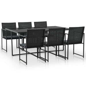Diverse Hardware, 7-tlg. Garten-Essgruppe mit Auflagen Poly Rattan Schwarz