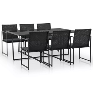Diverse Hardware, 7-tlg. Garten-Essgruppe mit Auflagen Poly Rattan Schwarz