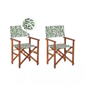 Beliani, Beliani Gartenstuhl Akazienholz dunkelbraun Textil grau / grün Blattmuster 2er Set CINE, Beliani - Gartenstuhl 2er Set aus Polyester Modern CINE, One Size, Braun Leder