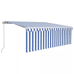 vidaXL, vidaXL Gelenkarmmarkise Einziehbar mit Volant & LED 4x3 m Blau & Weiß, vidaXL Markise Manuell Einziehbar mit Rollo & LED 4x3 m Blau & Weiß