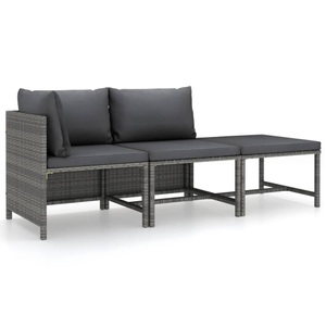 vidaXL, vidaXL 3-tlg. Garten-Lounge-Set mit Kissen Poly Rattan Grau, vidaXL 3-tlg. Garten-Lounge-Set mit Kissen Poly Rattan Grau