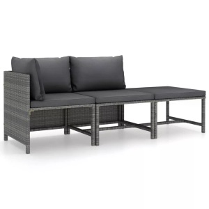 vidaXL, vidaXL 3-tlg. Garten-Lounge-Set mit Kissen Poly Rattan Grau, vidaXL 3-tlg. Garten-Lounge-Set mit Kissen Poly Rattan Grau