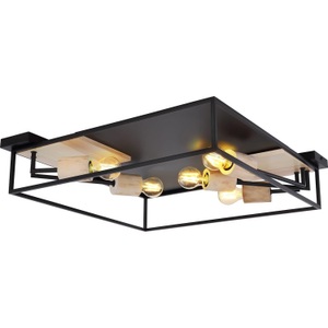 mutoni light, Deckenleuchte Hagar Metall schwarz matt 5xE27, Globo DECKENLEUCHTE 64/64/14,5 cm , 15477D2 , Schwarz, Naturfarben , Metall, Holz , 64x14.5 cm , 004558065603