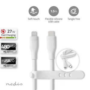 Lightning-Kabel | USB 2.0 | Apple Lightning, 8-polig | USB-C? Stecker | 480 Mbps | Vernickelt | 1,50 m | Rund | Silikon | Weiß | Box