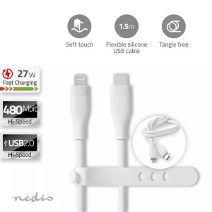 Nedis, Lightning-Kabel | USB 2.0 | Apple Lightning, 8-polig | USB-C? Stecker | 480 Mbps | Vernickelt | 1,50 m | Rund | Silikon | Weiß | Box