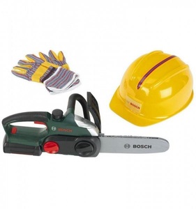 Klein-Toys, Klein-Toys Werkzeug BOSCH Kettens?ge, Klein-Toys Handwerker BOSCH Kettensäge mit Helm und Handschuhen