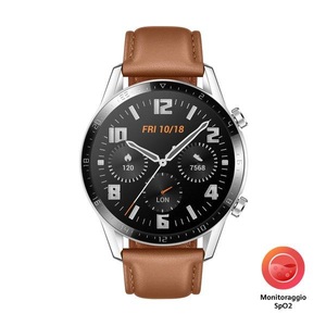 Huawei, Huawei Watch GT 2 Classic - Smartwatch (Breite: 22 mm, Leder (+1 Fluorelastomer-Armband als Zugabe), Braun/Silber), 