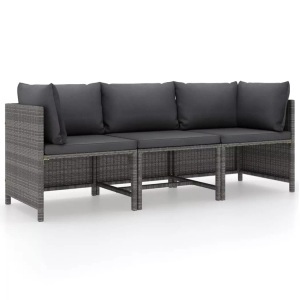 vidaXL, vidaXL 3-Sitzer-Gartensofa mit Kissen Grau Poly Rattan, vidaXL 3-Sitzer-Gartensofa mit Kissen Grau Poly Rattan