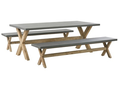 Beliani, Beliani OLBIA Gartentisch + Bänke, Beliani - Gartentisch Set aus Faserzement Industriell OLBIA, One Size, Taubengrau