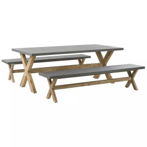 Beliani, Beliani OLBIA Gartentisch + Bänke, Beliani - Gartentisch Set aus Faserzement Industriell OLBIA, One Size, Taubengrau