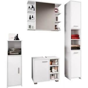 VCM, 4-tlg. Komplett Badmöbel Badschrank Bad Unterschrank Hochschrank Set Zalo I 4-tlg. Komplett Badmöbel Badschrank Bad Unterschrank Hochschrank Set Zalo I, MID.YOU Badezimmer 140 cm , Zalo , Weiss , Holzwerkstoff , 140 cm , melaminharzbeschichtet,Nachbildung , stehend, Spiegel mit Ablage , 000657021216