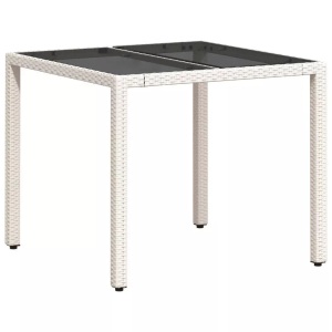 vidaXL, vidaXL Gartentisch mit Glasplatte Weiß 90x90x75 cm Poly Rattan, vidaXL Gartentisch mit Glasplatte Weiß 90x90x75 cm Poly Rattan