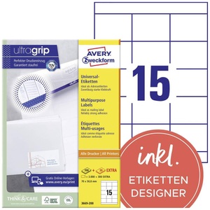 Avery Zweckform, AVERY Zweckform Universaletiketten 3669-200 Ultragrip Weiss DIN A4 70 x 50,8 mm 220 Blatt à 15 Etiketten, Avery-Zweckform 3669-200 Universal-Etiketten 70 x 50.8 mm Papier Weiß 3300 St. Permanent haftend Laserdrucker,