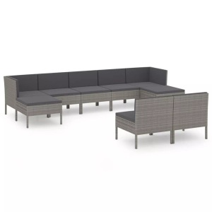 vidaXL, vidaXL 9-tlg. Garten-Lounge-Set mit Auflagen Poly Rattan Grau