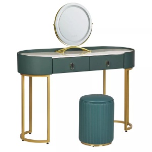 Beliani, Beliani Schminktisch mit rundem LED-Spiegel Hocker 2 Schubladen dunkelgrün / gold VINAX, Beliani - Schminktisch mit Spiegel und Hocker aus MDF-Platte Glamourös VINAX, One Size, Waldgrün