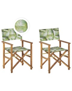 Beliani, Beliani Gartenstuhl Akazienholz hellbraun Textil cremeweiss / hellgrün Palmenmotiv 2er Set CINE, Beliani - Gartenstuhl 2er Set aus Polyester Modern CINE, One Size, Grün Bedruckt