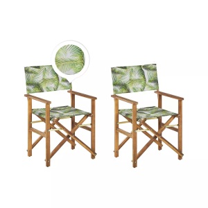 Beliani, Beliani Gartenstuhl Akazienholz hellbraun Textil cremeweiss / hellgrün Palmenmotiv 2er Set CINE, Beliani - Gartenstuhl 2er Set aus Polyester Modern CINE, One Size, Grün Bedruckt