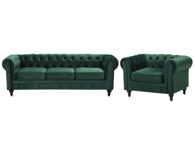 Beliani, Beliani Sofa Set Samtstoff grün 4-Sitzer CHESTERFIELD, Beliani - Wohnzimmer Set aus Samtstoff Glamourös CHESTERFIELD, One Size, Ozeangrün