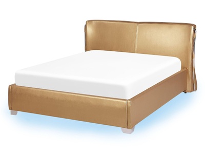 Beliani, Beliani Lederbett gold Lattenrost 140 x 200 cm mit LED-Beleuchtung bunt PARIS, Beliani - Bett mit LED aus Echtleder Glamourös PARIS, 140x200 cm, Gelbgold
