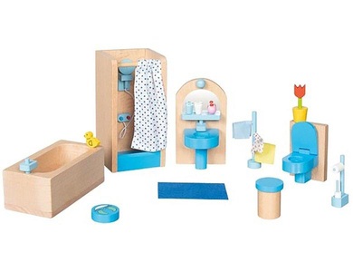 goki, goki Puppenhaus-Möbel BADEZIMMER 17-teilig in blau/natur, Goki Puppenmöbel Badezimmer für Puppenhaus, Holz