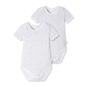 Schiesser, Baby-Bodys 2er-Pack kurzarm unisex Feinripp Organic Cotton bedruckt weiß/grau - Original Classics 56, Baby-Bodys 2er-Pack kurzarm unisex Feinripp Organic Cotton bedruckt weiß/grau - Original Classics 56