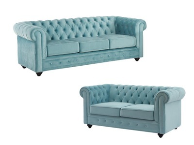 Vente-unique, Sofa 3-Sitzer & 2-Sitzer - Samt - Pastell - CHESTERFIELD Sofa 3-Sitzer & 2-Sitzer - Samt - Pastell - CHESTERFIELD, Vente-unique - Sofa 3-Sitzer & 2-Sitzer - Samt - Pastellblau - CHESTERFIELD, One Size, Himmelblau