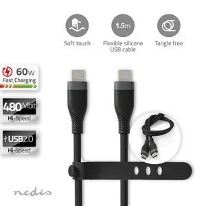 USB-Kabel | USB 2.0 | USB-C? Stecker | USB-C? Stecker | 60 W | 480 Mbps | Vernickelt | 1,50 m | Rund | Silikon | Schwarz | Box
