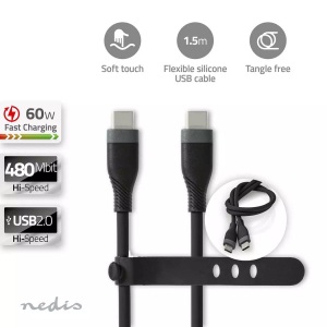 Nedis, USB-Kabel | USB 2.0 | USB-C? Stecker | USB-C? Stecker | 60 W | 480 Mbps | Vernickelt | 1,50 m | Rund | Silikon | Schwarz | Box