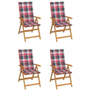 vidaXL, vidaXL Gartenstühle 4 Stk. Rote Karomuster-Kissen Massivholz Teak, vidaXL Gartenstühle 4 Stk. Rote Karomuster-Kissen Massivholz Teak