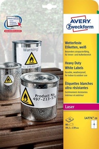 Avery Zweckform, Avery-Zweckform L4774-20 Etiketten 99.1 x 139 mm Polyester-Folie Weiß 80 St. Permanent Universal-Etiketten, Wetterfeste, Avery Zweckform Etiketten, 99.1mm x 139mm, weiss, wetterfest, L4774-20, (20 Blatt)