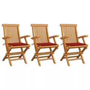 vidaXL, vidaXL Gartenstühle mit Roten Kissen 3 Stk. Massivholz Teak, vidaXL Gartenstühle mit Roten Kissen 3 Stk. Massivholz Teak