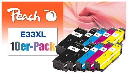 undefined, Peach Tinte Epson No 33XL Multi-10-Pack - 2x15, 8x11ml 2x bk, pbk, c, m, y, Peach E33 10 Druckerpatronen XL (2*bk, bk, c/m/y) ersetzt Epson T3357, No. 33XL, C13T33574010 für z.B. Epson Expression Premium XP -530