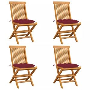 vidaXL, vidaXL Gartenstühle mit Weinroten Kissen 4 Stk. Massivholz Teak, vidaXL Gartenstühle mit Weinroten Kissen 4 Stk. Massivholz Teak